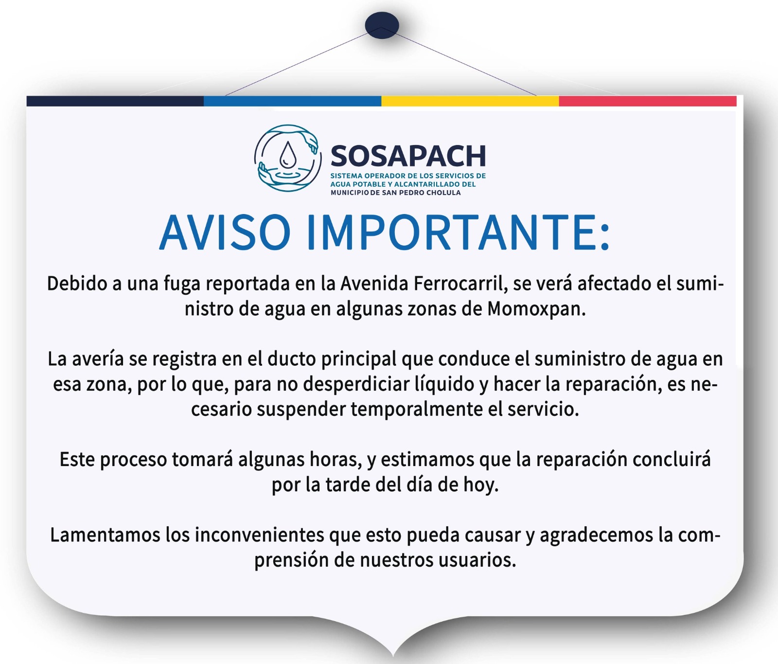 Por fuga en Av. Ferrocarril se cortó unas horas el servicio de agua en zona de Momoxpan