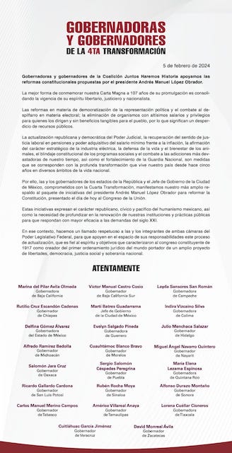 Gobernadores de MORENA respaldan reformas constitucionales de AMLO