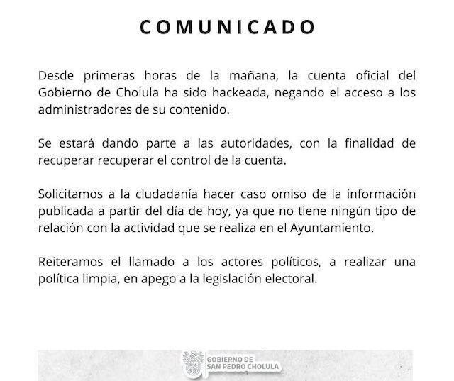 Hackean cuenta oficial del gobierno cholulteca; Tonatzin Fernández, acusa guerra sucia de adversarios políticos