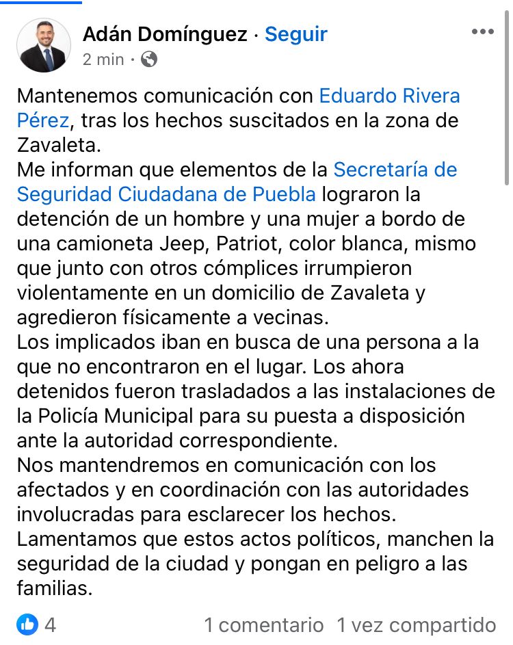 Confirma el alcalde Adán Domínguez detención de dos sujetos en hechos violentos de Zavaleta