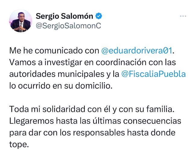 Sergio Salomón habló vía telefónica con Eduardo Rivera, y le dice que se investigarán los hechos violentos de Zavaleta