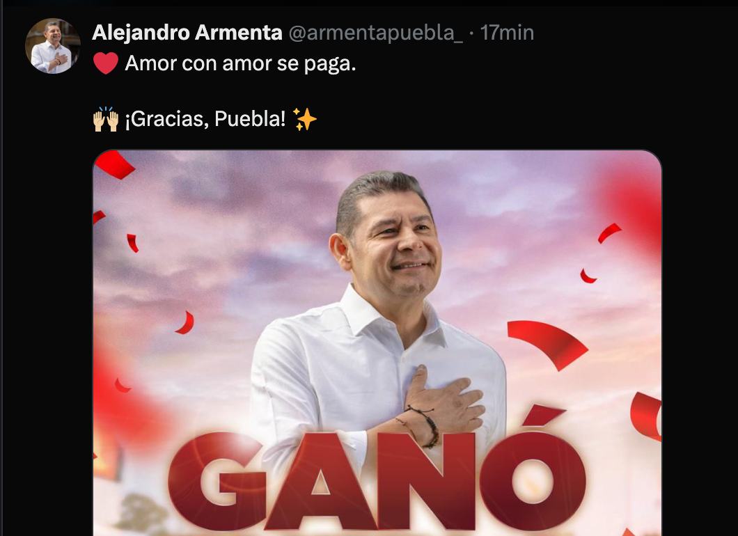«Amor con Amor se paga» agradece Armenta en su cuenta «x»