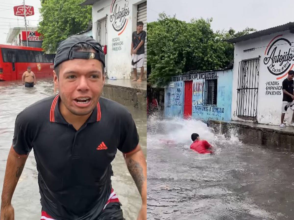 Veracruz está inundado y Saúl Rivadeneyra aprovecha para nadar