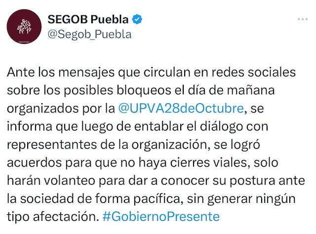 Segob desactivó el pretendido bloqueo de calles y boulevares anunciados por la agrupación “28 de octubre, para este miércoles