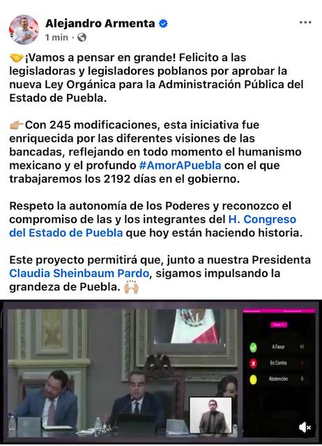Alejandro Armenta recibió con beneplácito la aprobación a la nueva Ley Orgánica para la Administración Pública del Estado