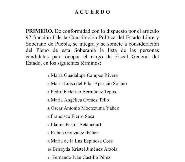 Congreso de Puebla envía 11 propuestas al gobernador para el cargo de Fiscal del Estado