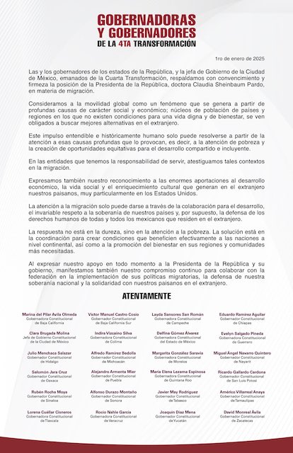 Gobernadores de la 4T dan respaldo a Sheinbaum en su posición en materia de migración