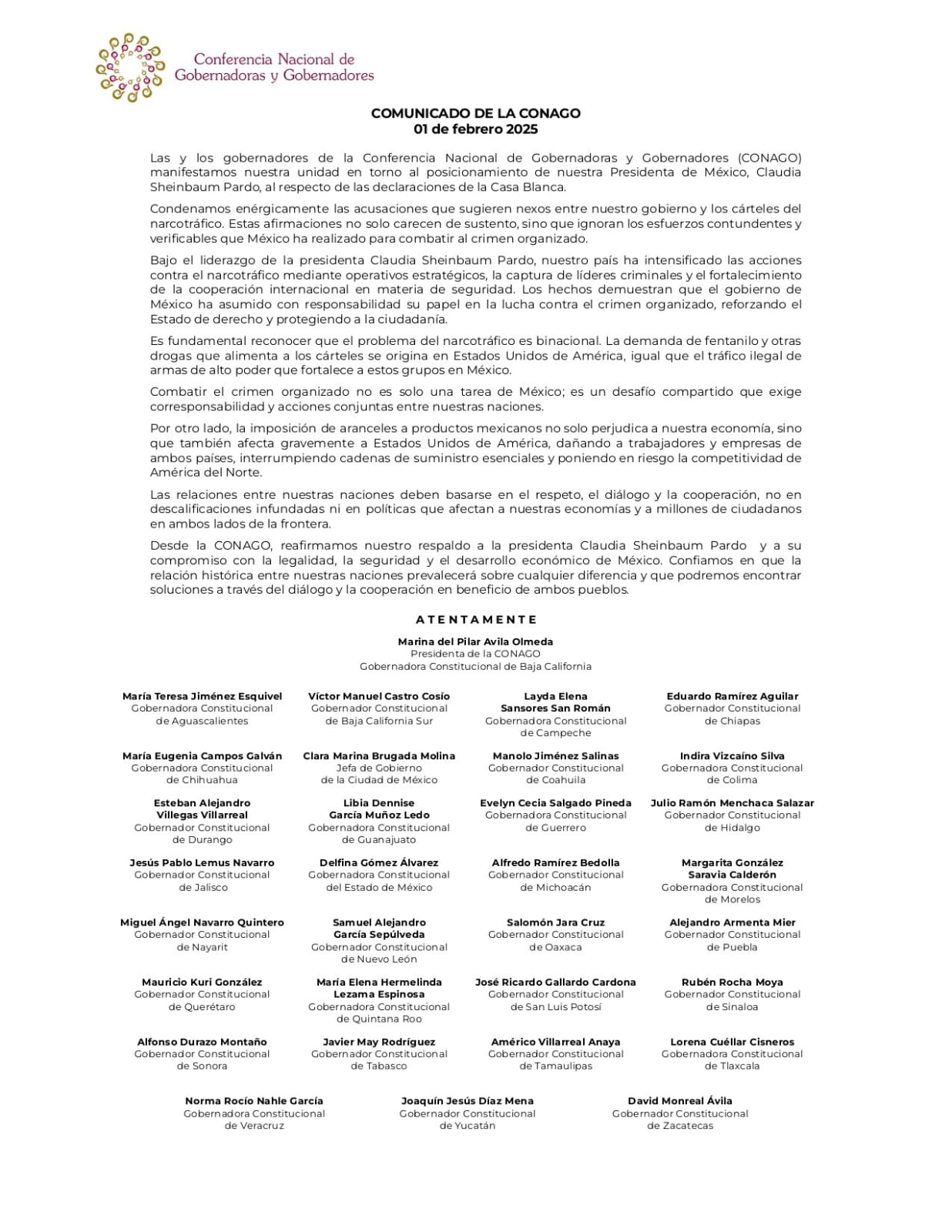 Gobernadores dan respaldo a Sheinbaum y dicen que gobierno mexicano no tiene nexos con crimen organizado