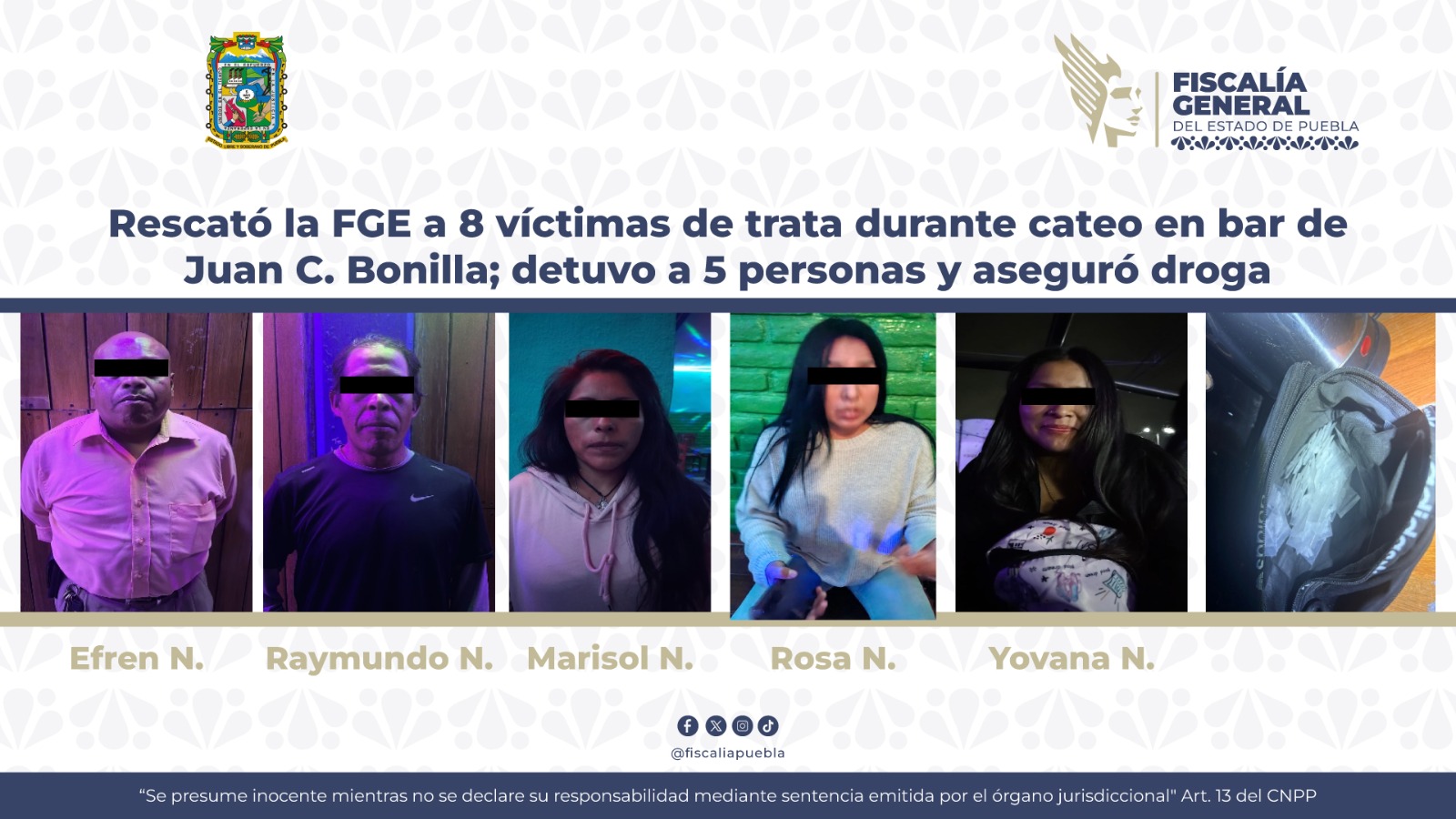 Rescata FGE a 8 víctimas de trata en bar de Juan C. Bonilla