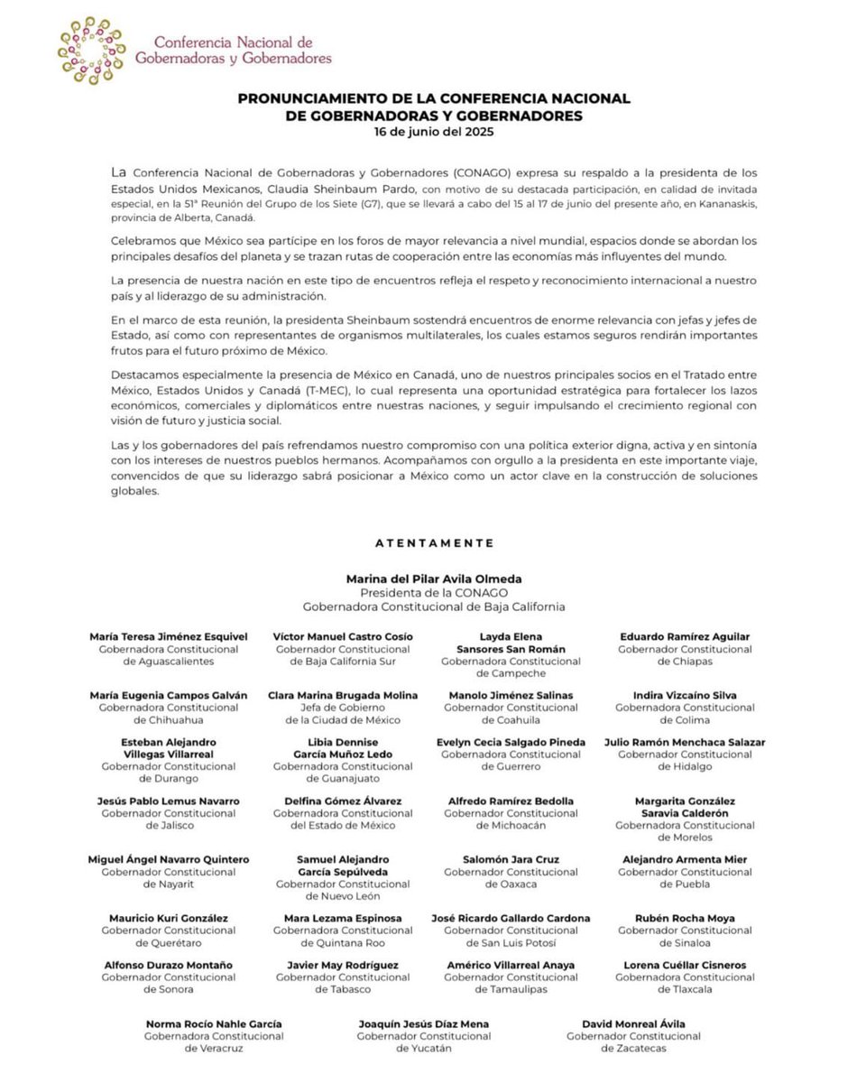 Gobernadores respaldan a Sheinbaum como invitada en la 51 Cumbre del G7