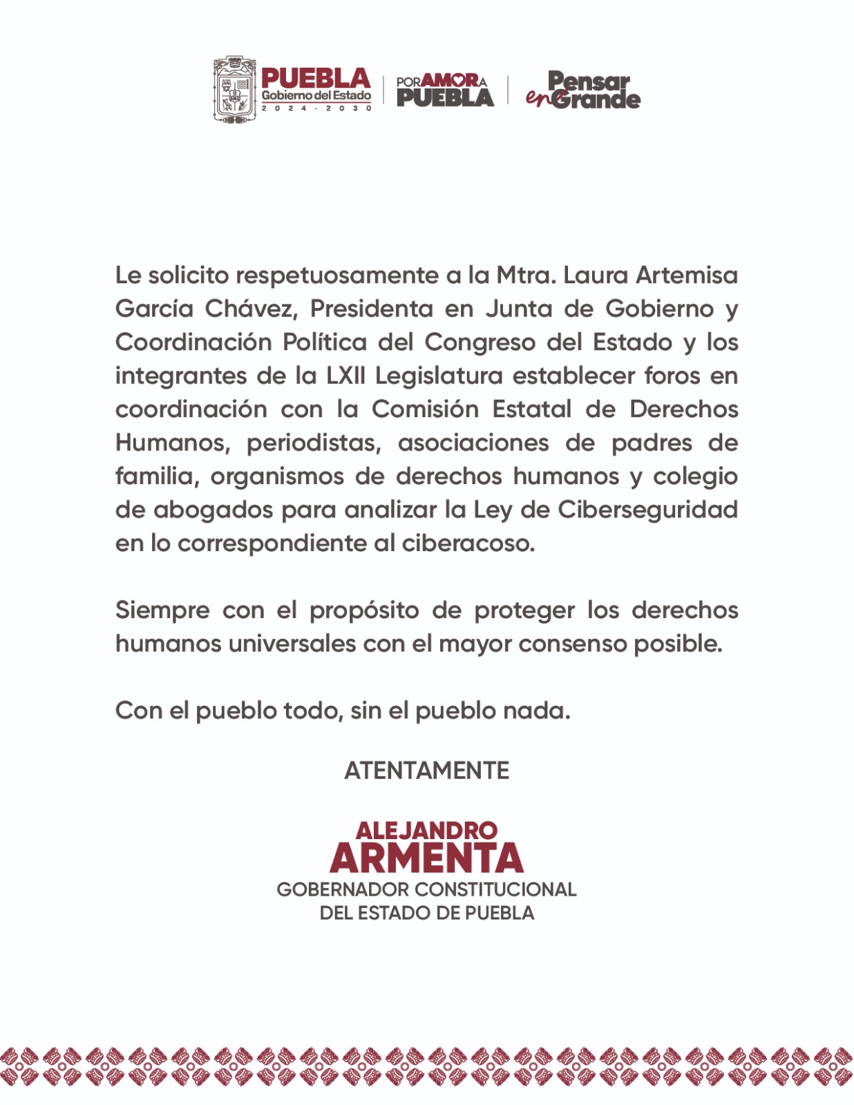 Llamado de Armenta al Congreso a analizar Ley de Ciberseguridad