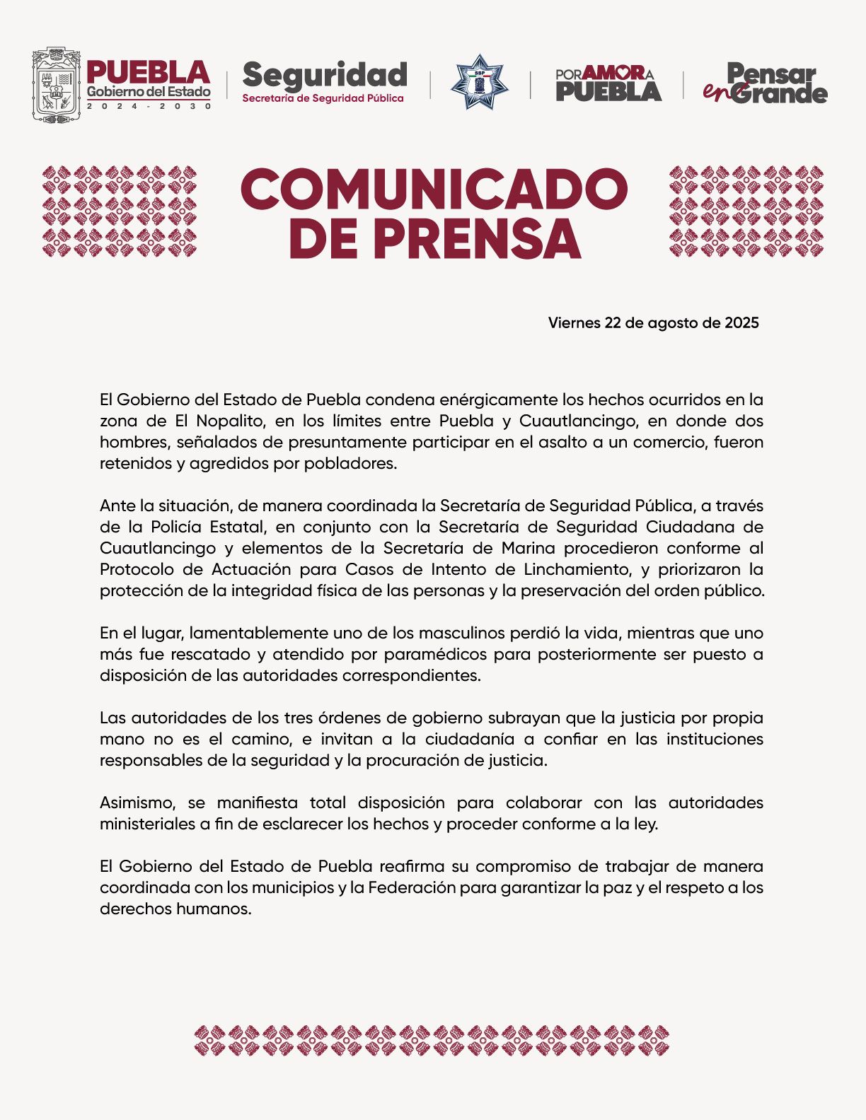 Gobierno de Puebla condena intento de linchamiento en Cuautlancingo