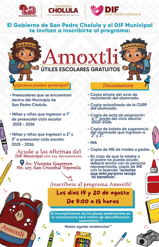 Aún es tiempo para registrarse para la entrega de útiles escolares gratuitos en San Pedro Cholula