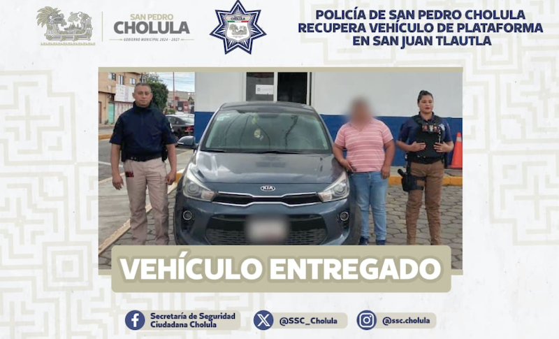 Policía de San Pedro Cholula recupera vehículo de plataforma en San Juan Tlautla