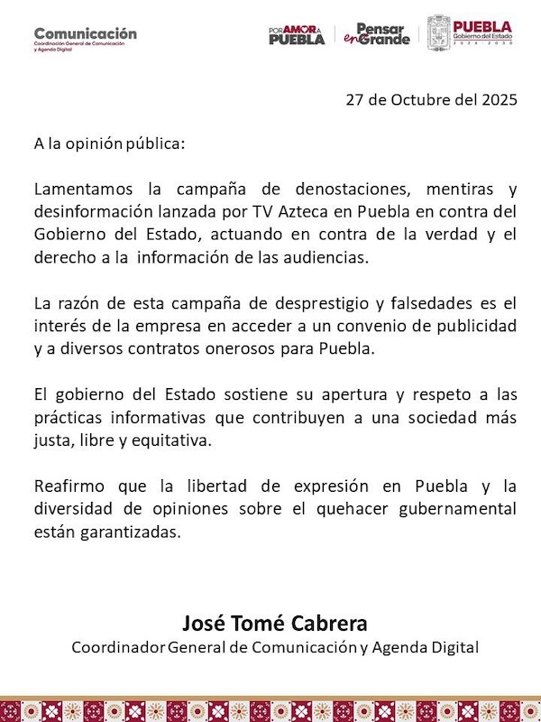 Gobierno de Puebla denuncia campaña de desinformación de TV Azteca