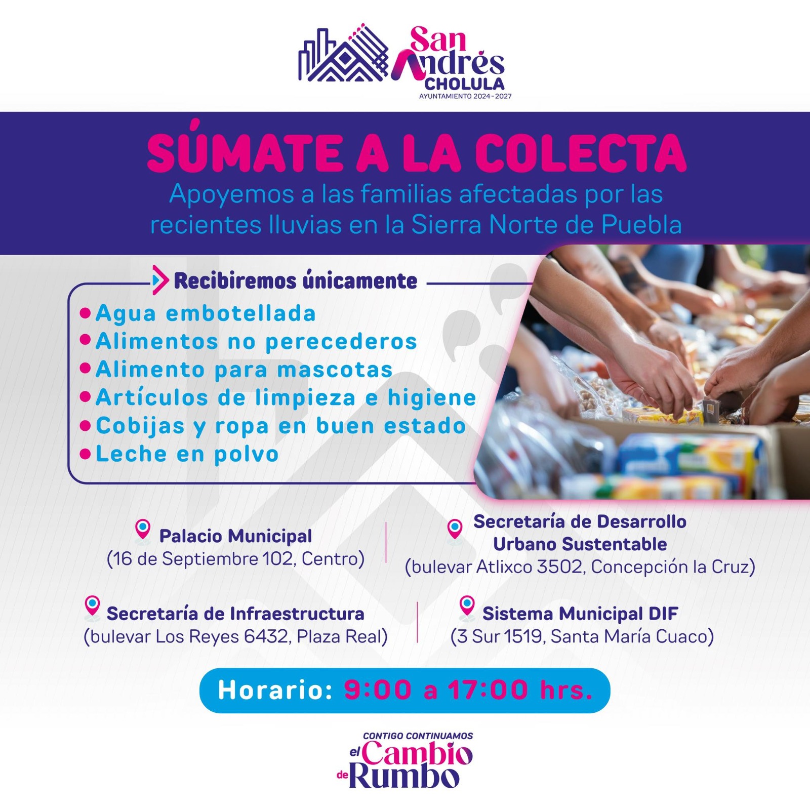 Centro de acopio en San Andrés Cholula en apoyo a serranos
