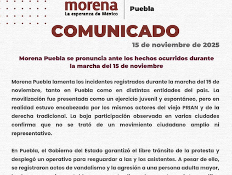 Morena Puebla: La marcha de la “Generación Z” fue manipulada