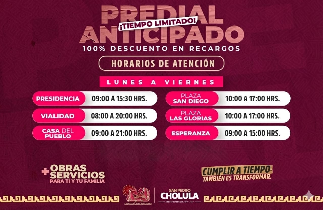 Última semana para los descuentos de predial en San Pedro Cholula