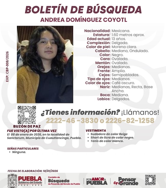 Activan labores de búsqueda de Andrea, desaparecida en Cuautlancingo