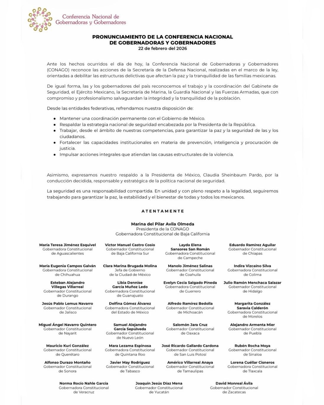 Gobernadores de Morena respaldan política de seguridad del gobierno de Claudia Sheinbaum