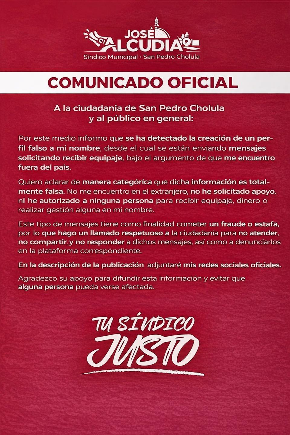 Detectan perfil falso del sindico de San Pedro Cholula, José Alcudia