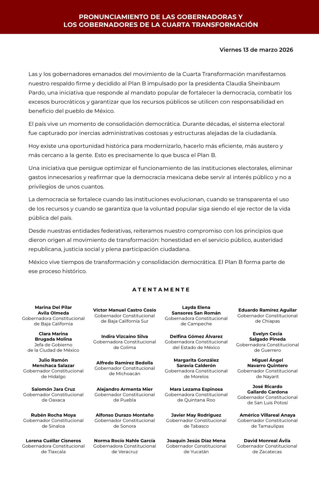 Gobernadores de MORENA respaldan Plan B de Sheiunbaum en materia electoral