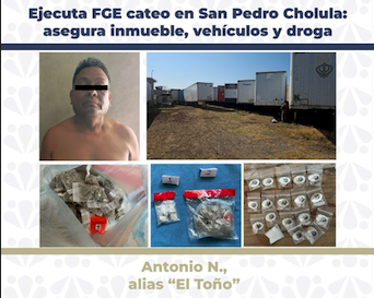 En cateo la Fiscalía asegura inmueble, vehículos y droga, en Cholula