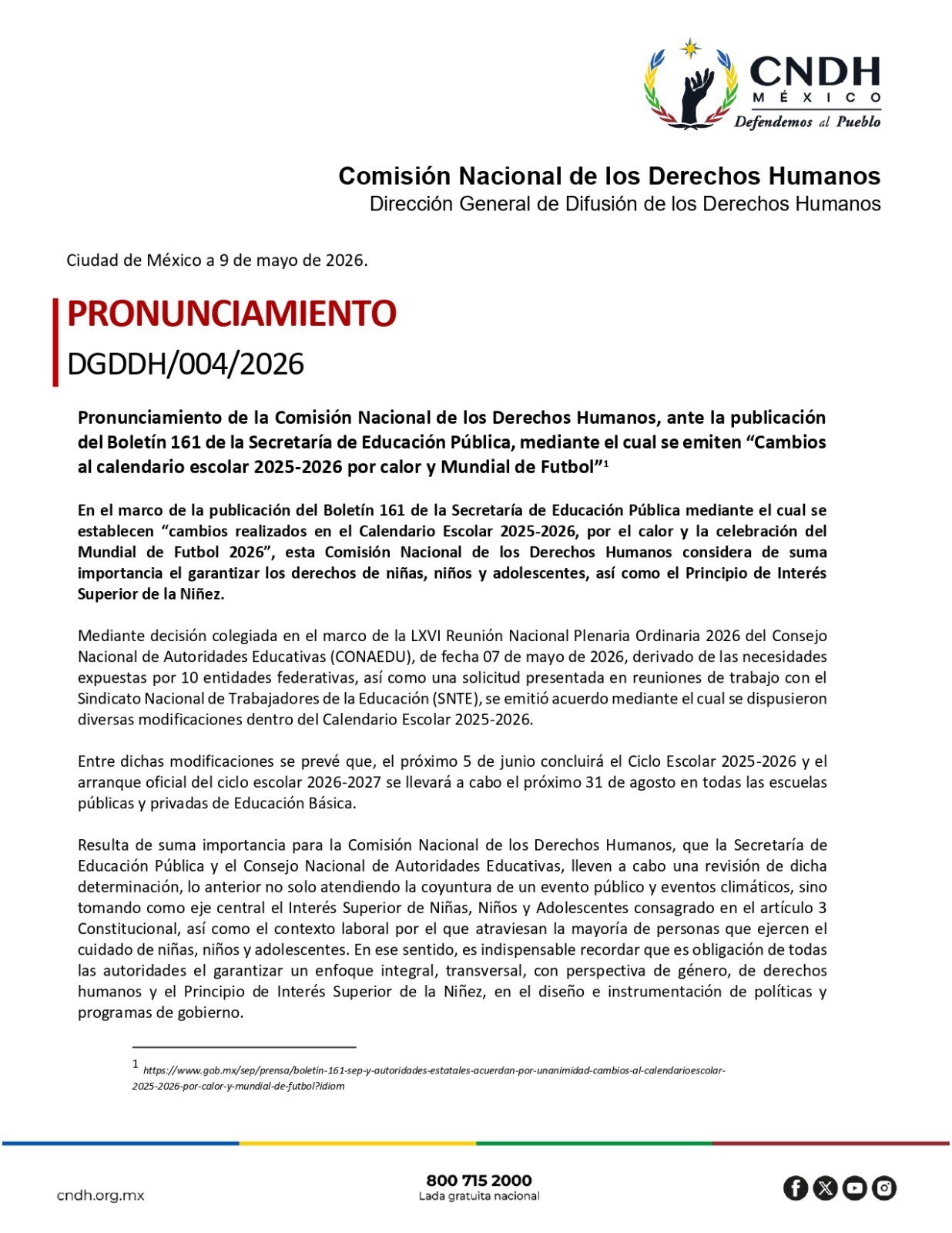 La CNDH pide a la SEP la revisión del recorte del ciclo escolar 2025-2026