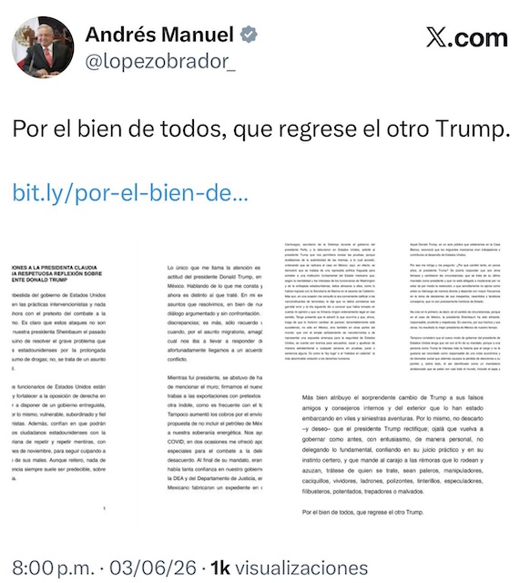 “Por el bien de todos, que regrese el otro Trump”, pide AMLO en defensa de Sheinbaum
