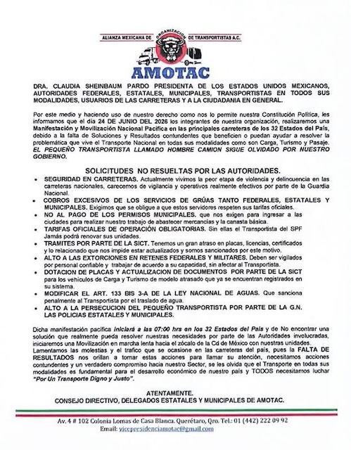 Transportistas anuncian bloqueos de carreteras este miércoles 24