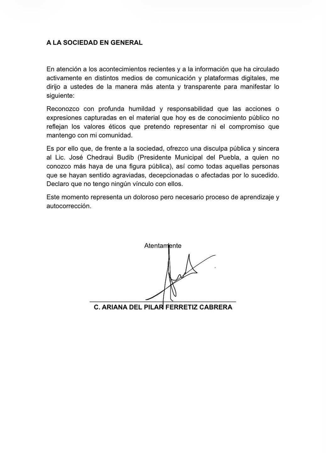Ariana del Pilar Ferreriz, ofreció disculpa pública 