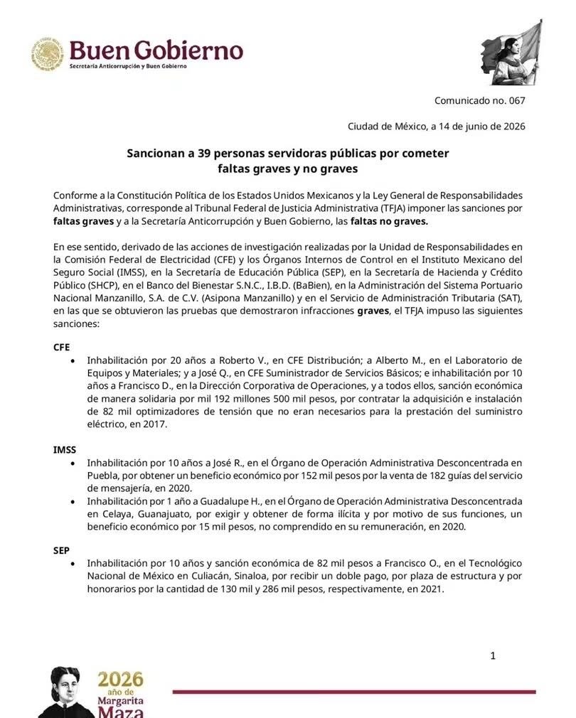 Sancionan a 39 servidores públicos por irregularidades