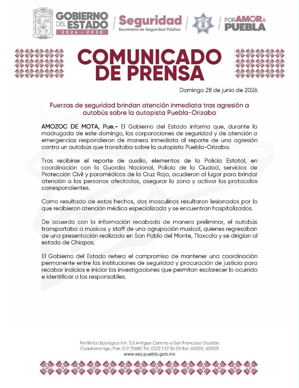 Fuerzas de seguridad brindaron atención a músicos del exvocalista Memo Garza, en la autopista Puebla-Orizaba