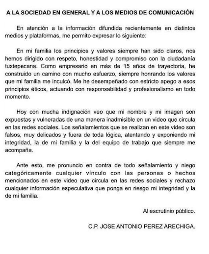 José Antonio Pérez Aréchiga niega cualquier vinculo relacionado a video en la detención de Ariana Del Pilar Ferreriz