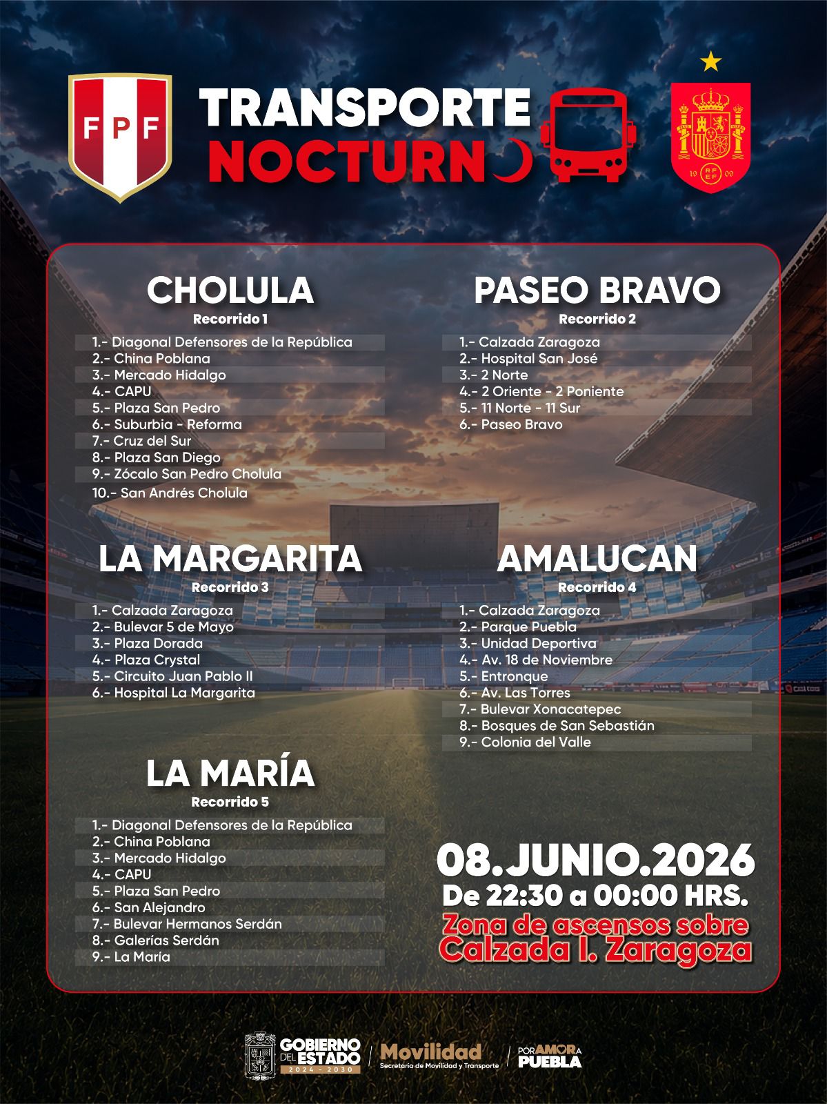 Transporte nocturno para el partido Perú VS España