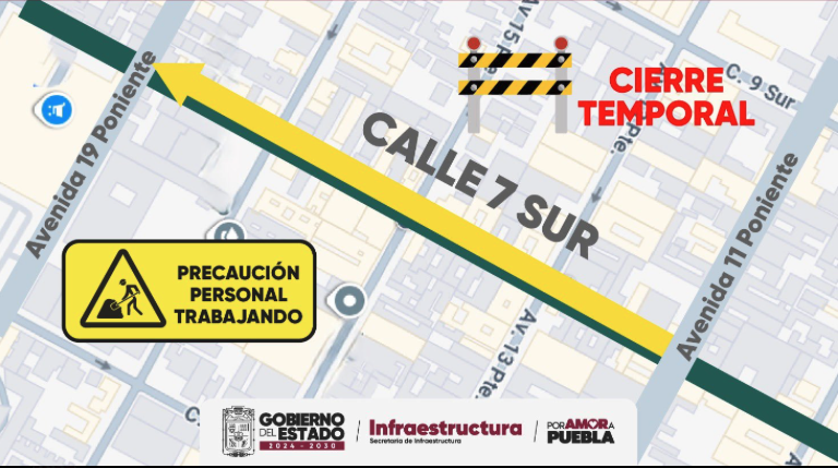 Cierre vial en la Calle 7 Sur de Puebla por obras de pavimentación