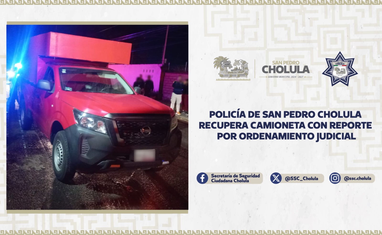 Policía de San Pedro Cholula recupera camioneta con reporte judicial