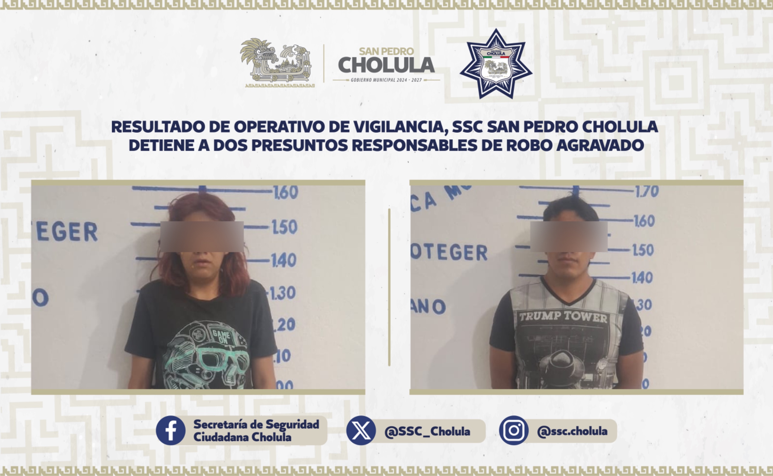 SSC de San Pedro Cholula detiene a dos presuntos responsables de robo agravado en Zerezotla